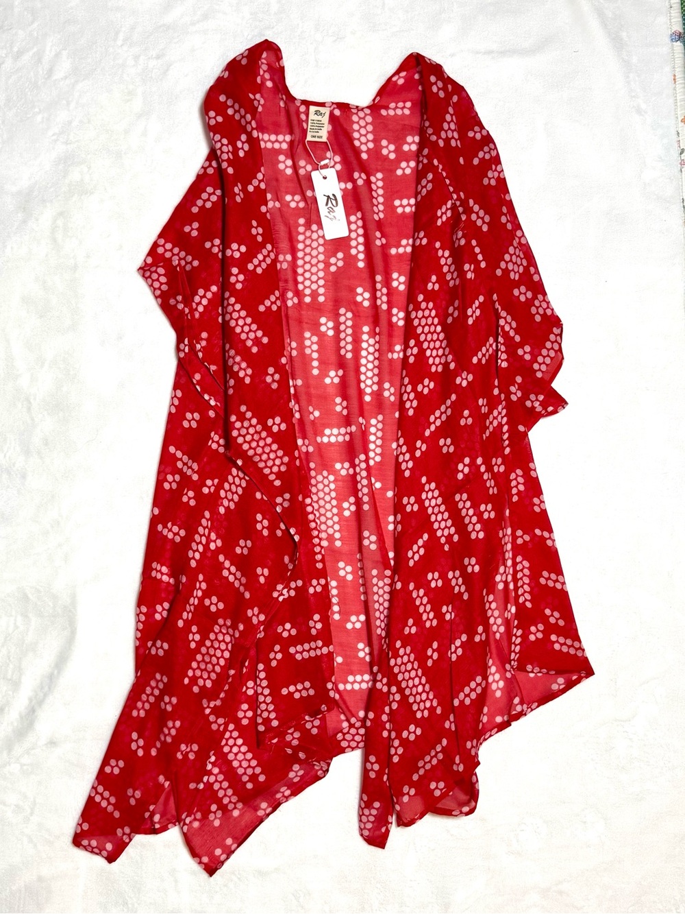 Raj Red Sheer Dot-Print Open Kimono Beach Cover Up